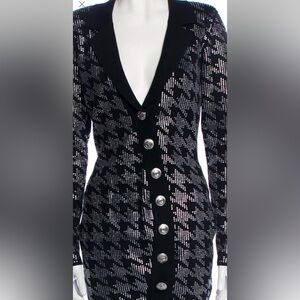 NWT Retrofete Mimi Rib Knit stretch Dress Houndstooth Rhinestone 90s Glam L